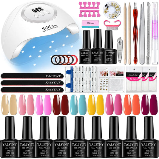 Gel nail polish kit with UV LED lamp and nail tool accessories