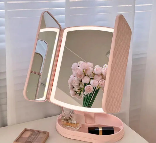Foldable LED makeup mirror with tricolor light and USB port