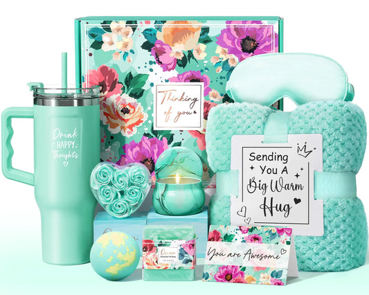 Self care gift basket with spa items and blanket for women