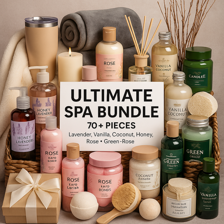 Luxury self-care gift set with 70+ spa essentials for women and men — includes rose bath bombs, coconut lotions, lavender oils, vanilla creams, and a plush blanket in a woven basket.