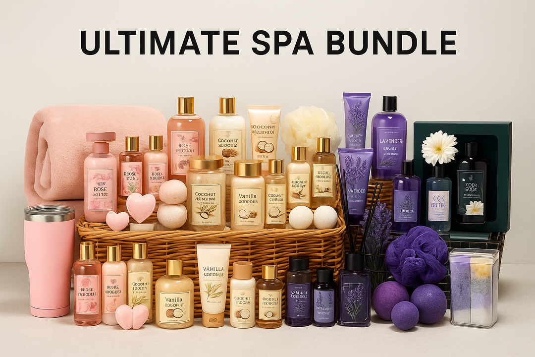 Color-coordinated ultimate spa gift bundle with 70+ rose, coconut, vanilla, and lavender themed bath products beautifully arranged by color gradient in a premium basket — includes tumbler, blanket, bath bombs, and body wash.