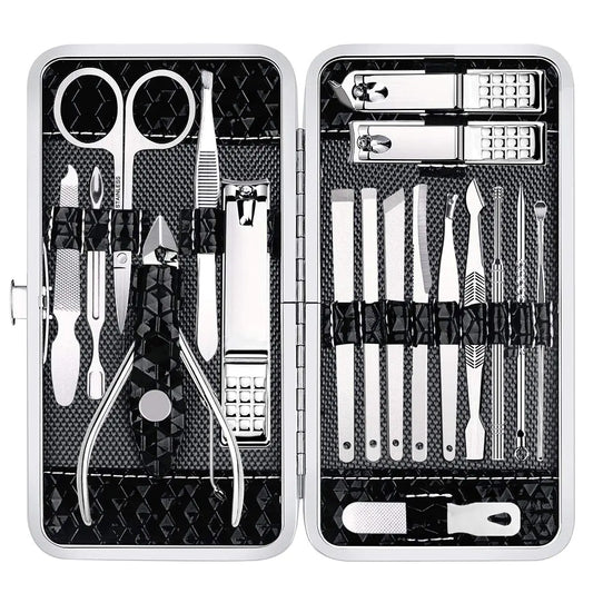 Stainless steel nail clippers set in leather travel case