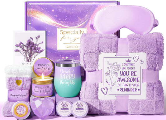 Spa gift basket for women with blanket, candle, and tumbler