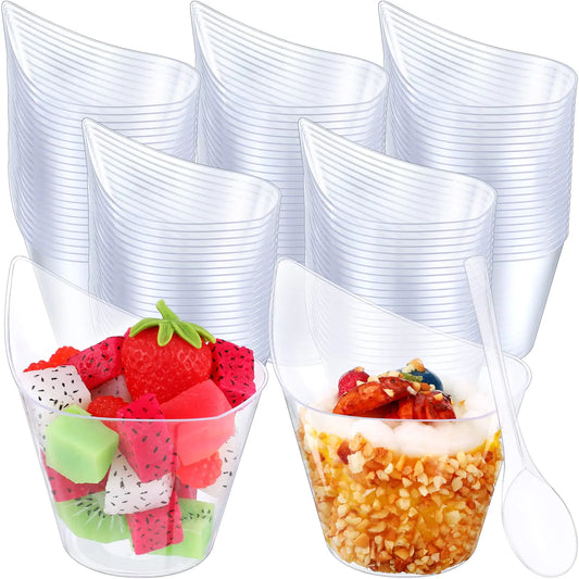 Plastic dessert cups with spoons for party parfait display